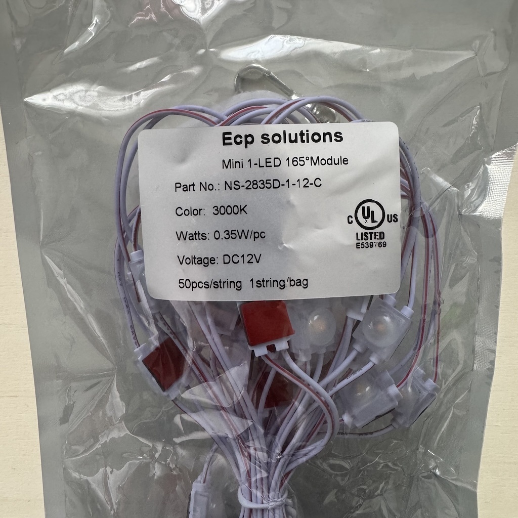 Mini 1-LED Module, DC 12V 0.35W Waterproof, 3000K Yellow or 6500K White Color, Decorative Light for Letter Advertising Signs with Tape Adhesive Backside (50 pcs / 1 String).