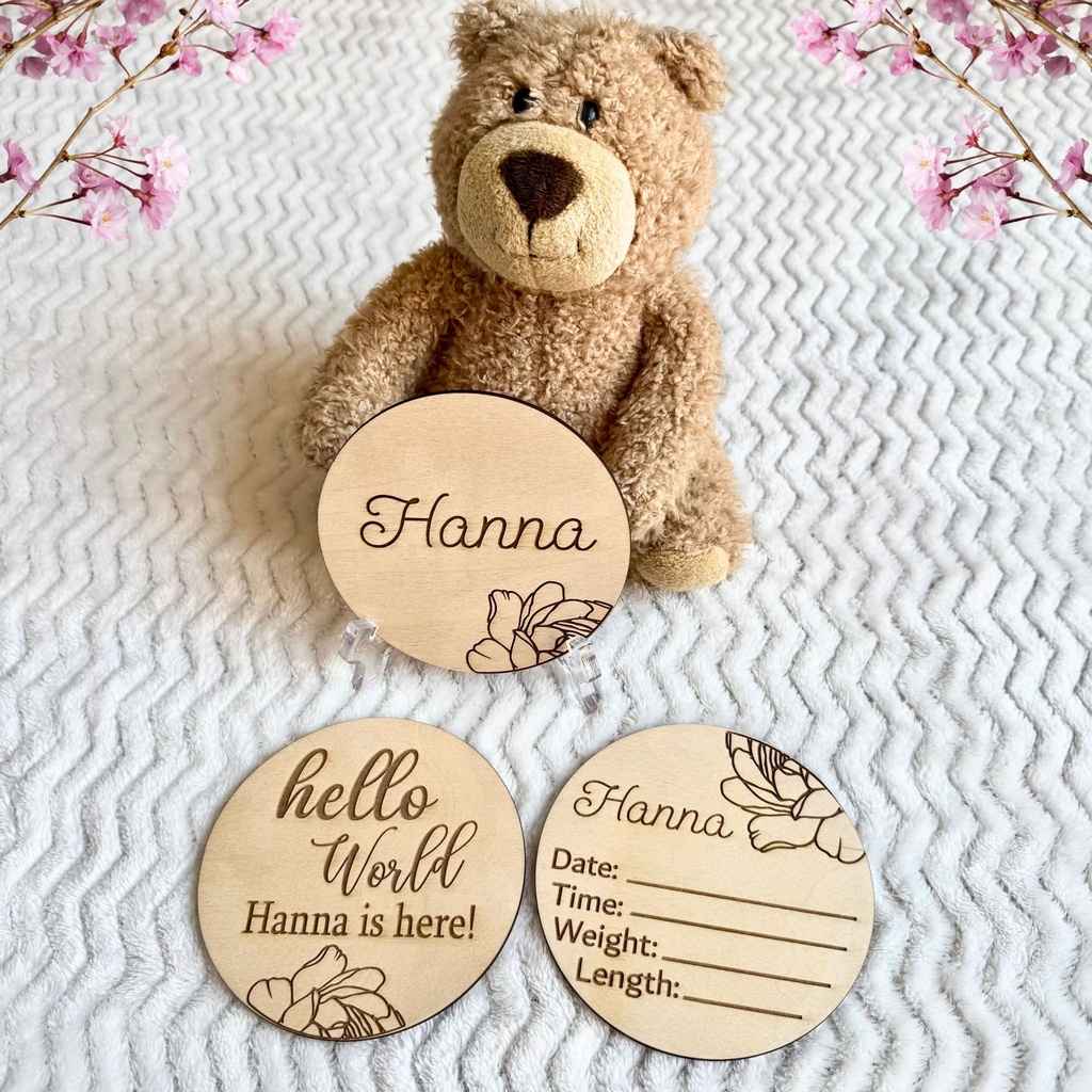 Wooden-Engraved and Personalized Baby Announcement. Set of 3 Pieces + Clear Stand